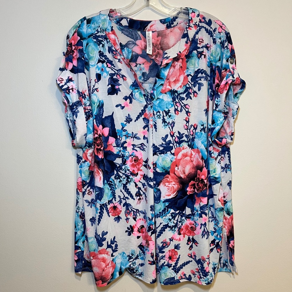 Dear Scarlett Lizzy Blouse‎ Short Sleeve Shirt Top Multicolor Floral Size XL